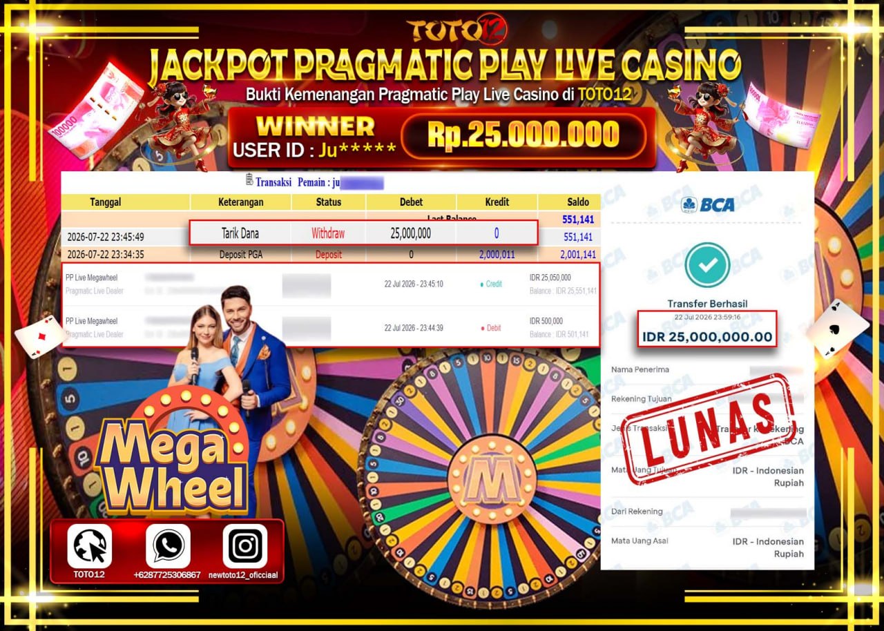 HANYA DI TOTO12 JP PASTI DI BAYAR LUNAS DAN CEPAT!!!!!! JACKPOT PRAGMATIC PLAY LIVE GAME CASINO (PP LIVE MEGAWHEEL) Rp25.000.000!!!!