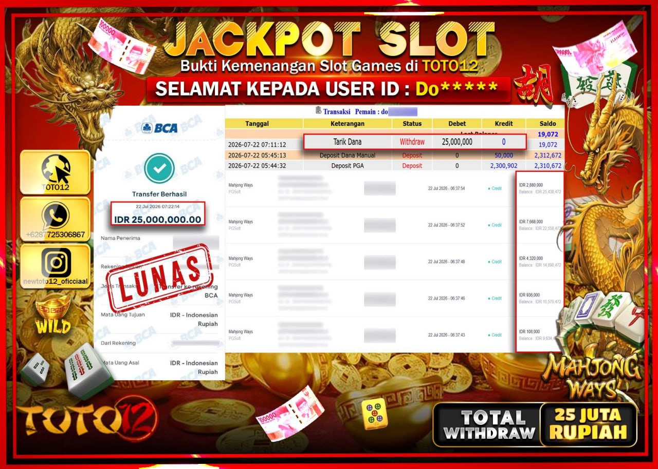 HANYA DI TOTO12 JP PASTI DI BAYAR LUNAS DAN CEPAT!!!!!! JACKPOT SLOT GAME (MAHJONG WAYS) Rp25.000.000!!!!