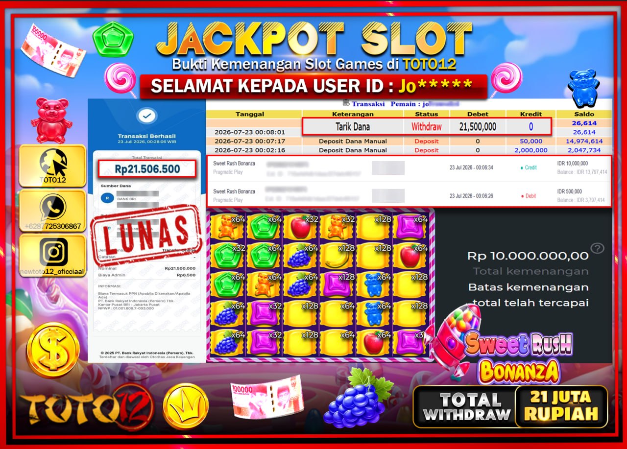 HANYA DI TOTO12 JP PASTI DI BAYAR LUNAS DAN CEPAT!!!!!! JACKPOT SLOT GAME (SWEET RUSH BONANZA) Rp21.500.000!!!!
