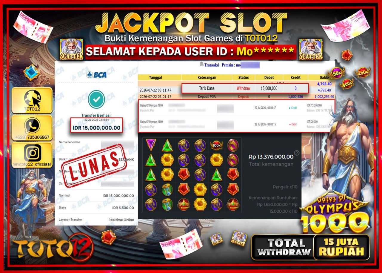 HANYA DI TOTO12 JP PASTI DI BAYAR LUNAS DAN CEPAT!!!!!! JACKPOT SLOT GAME (GATES OF OLYMPUS 1000) Rp15.000.000!!!!