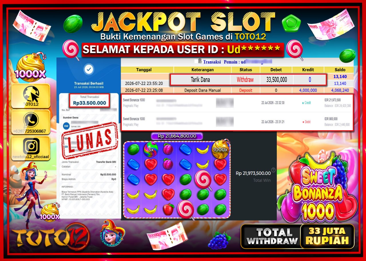 HANYA DI TOTO12 JP PASTI DI BAYAR LUNAS DAN CEPAT!!!!!! JACKPOT SLOT GAME (SWEET BONANZA 1000) Rp33.500.000!!!!