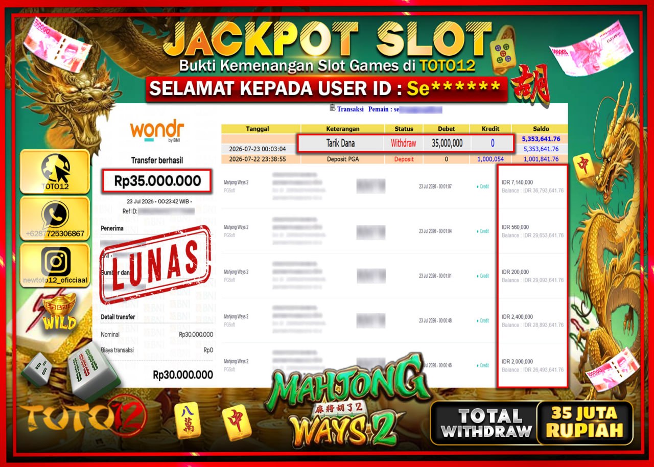 HANYA DI TOTO12 JP PASTI DI BAYAR LUNAS DAN CEPAT!!!!!! JACKPOT SLOT GAME (MAHJONG WAYS 2) Rp35.000.000!!!!