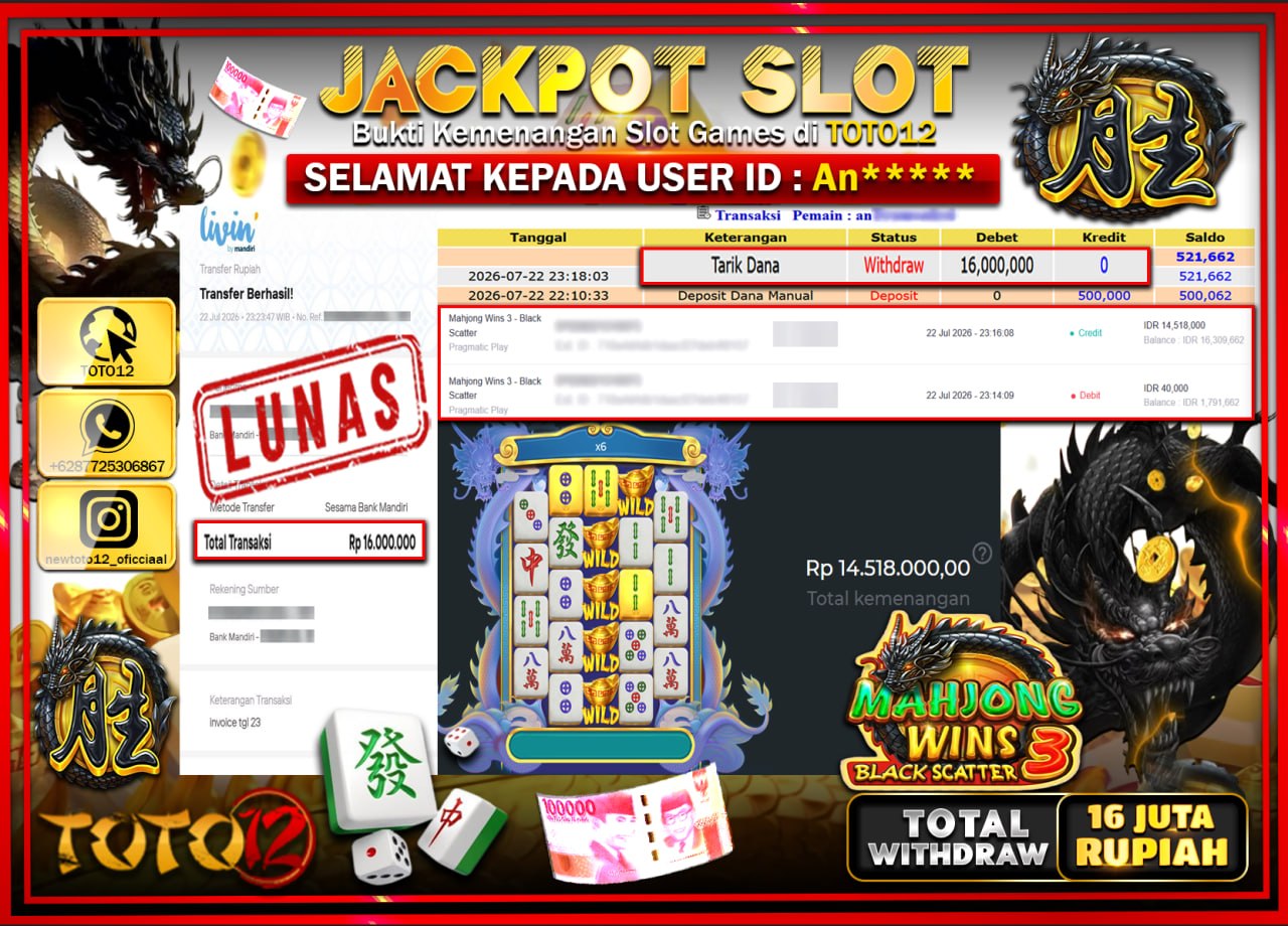 HANYA DI TOTO12 JP PASTI DI BAYAR LUNAS DAN CEPAT!!!!!! JACKPOT SLOT GAME (MAHJONG WINS 3 BLACK SCATTER) Rp16.000.000!!!!