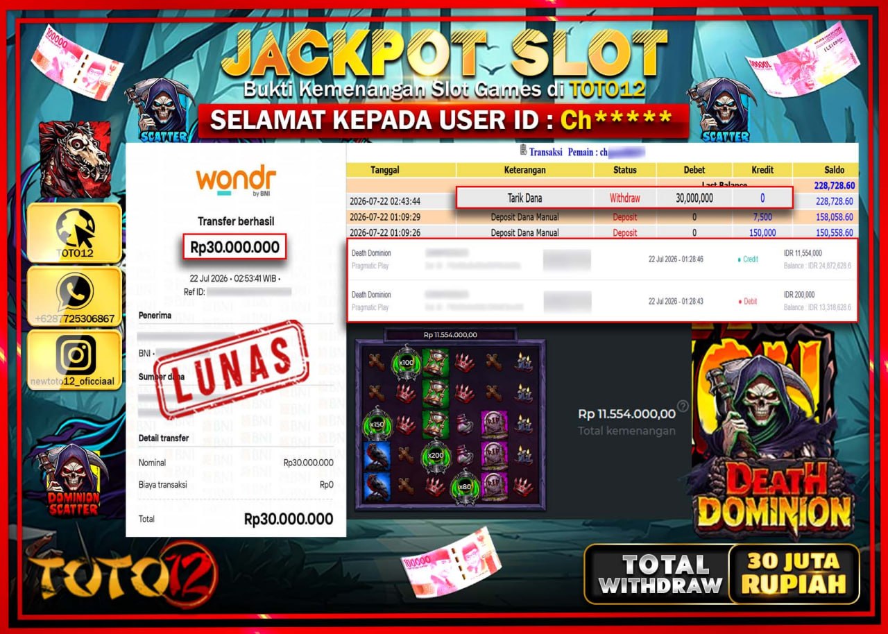 HANYA DI TOTO12 JP PASTI DI BAYAR LUNAS DAN CEPAT!!!!!! JACKPOT SLOT GAME (DEATH DOMINION) Rp30.000.000!!!!