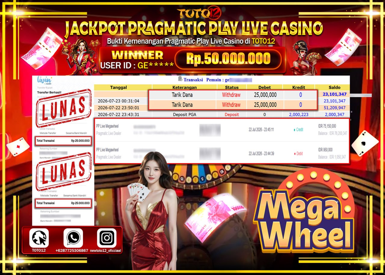 HANYA DI TOTO12 JP PASTI DI BAYAR LUNAS DAN CEPAT!!!!!! JACKPOT PRAGMATIC PLAY LIVE GAME CASINO (PP LIVE MEGAWHEEL) Rp50.000.000!!!!