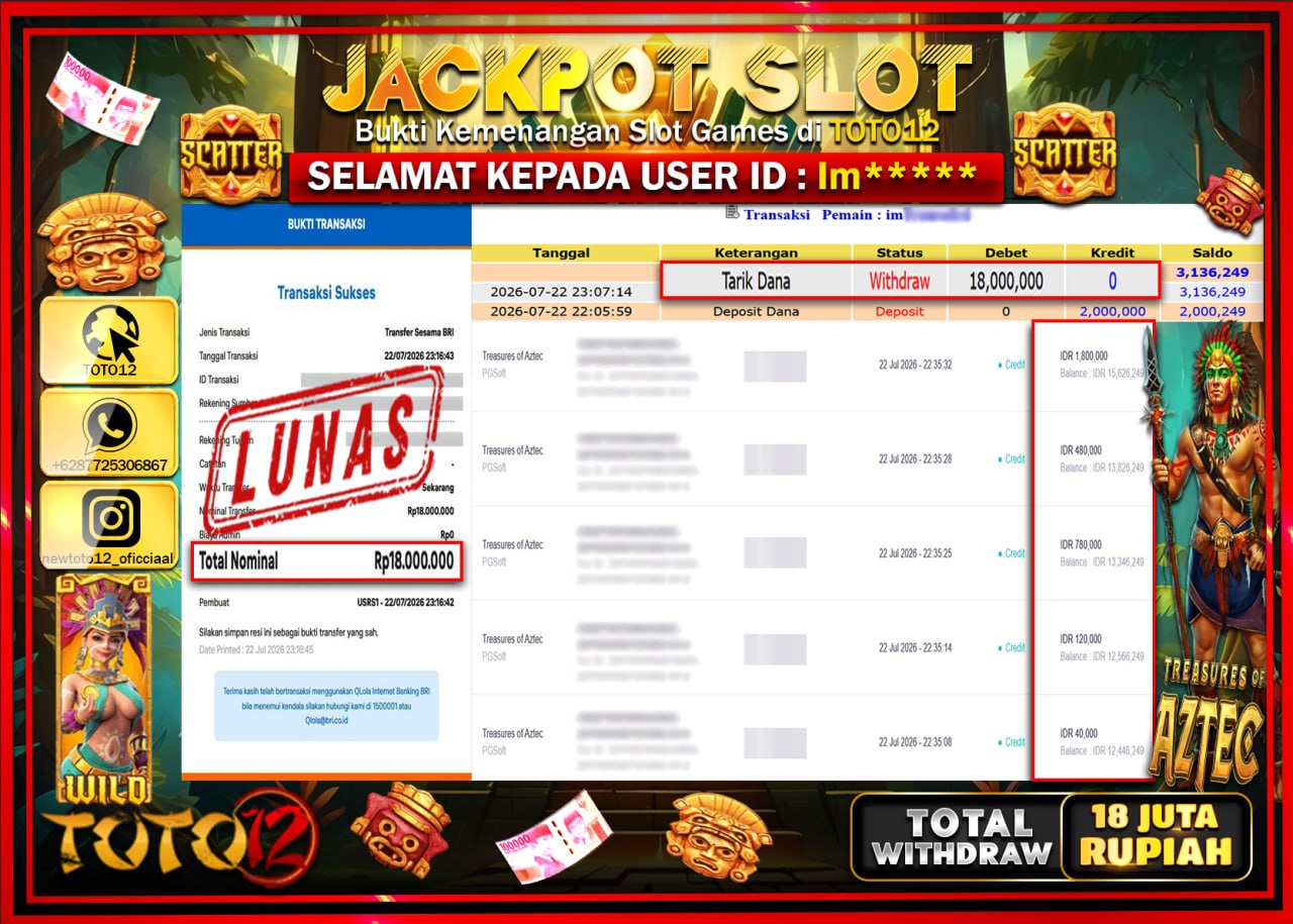 HANYA DI TOTO12 JP PASTI DI BAYAR LUNAS DAN CEPAT!!!!!! JACKPOT SLOT GAME (TREASURES OF AZTEC) Rp18.000.000!!!!