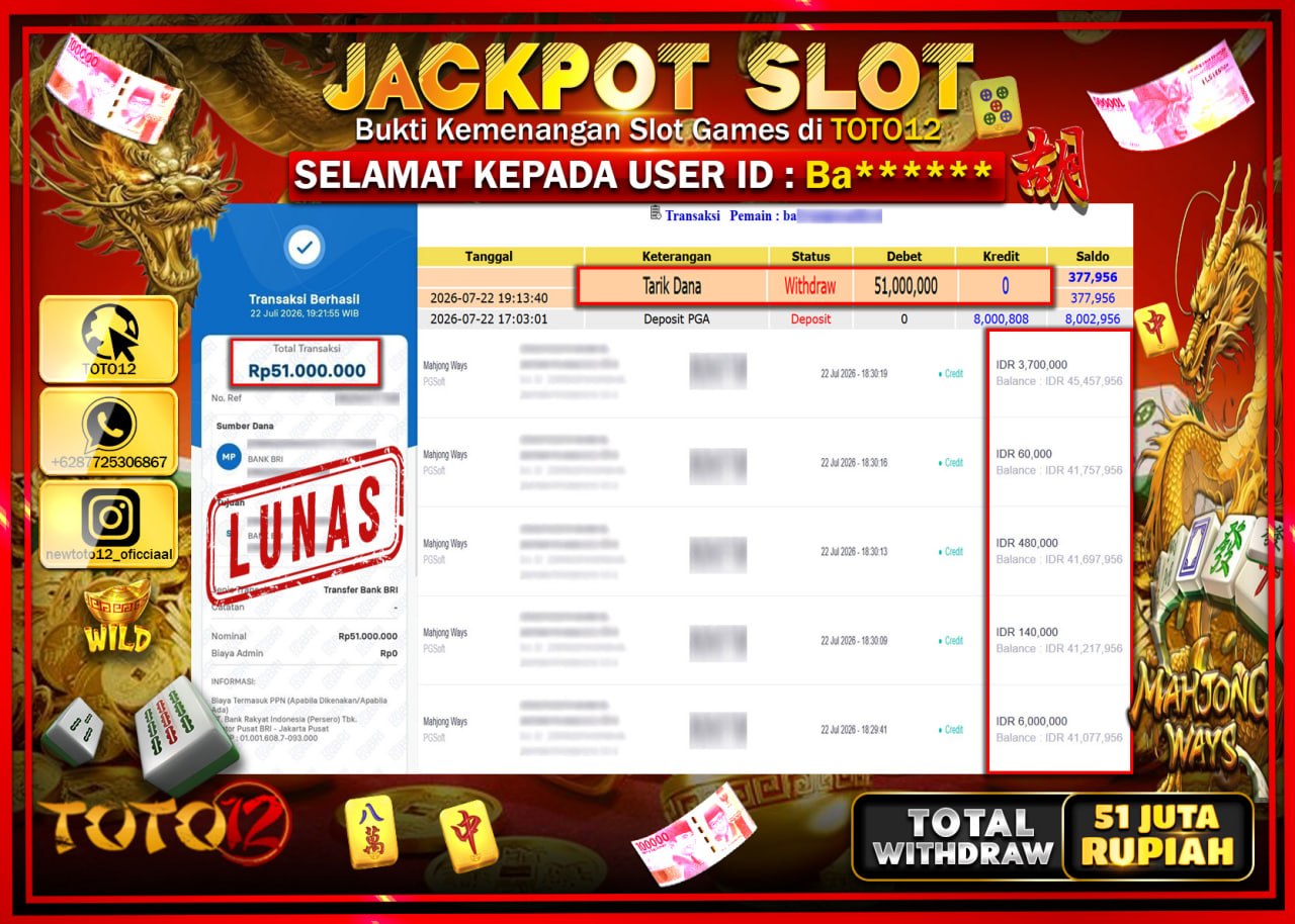 HANYA DI TOTO12 JP PASTI DI BAYAR LUNAS DAN CEPAT!!!!!! JACKPOT SLOT GAME (MAHJONG WAYS) Rp51.000.000!!!!