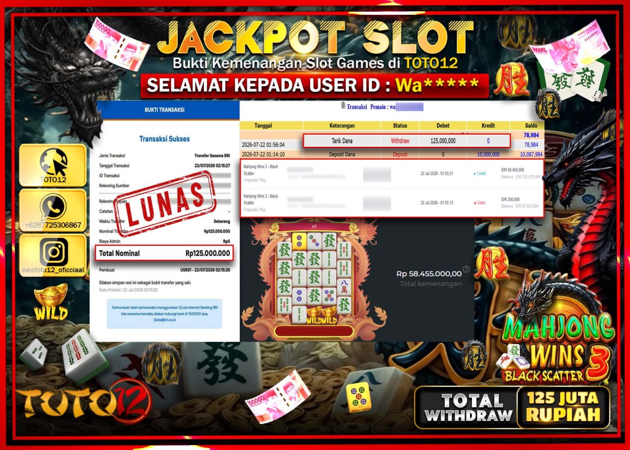 HANYA DI TOTO12 JP PASTI DI BAYAR LUNAS DAN CEPAT!!!!!! JACKPOT SLOT GAME (MAHJONG WINS 3 BLACK SCATTER) Rp125.000.000!!!!