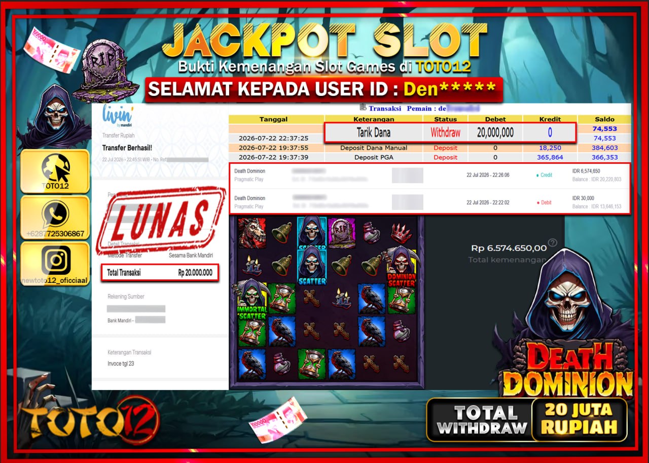 HANYA DI TOTO12 JP PASTI DI BAYAR LUNAS DAN CEPAT!!!!!! JACKPOT SLOT GAME (DEAT DOMINION) Rp20.000.000!!!!