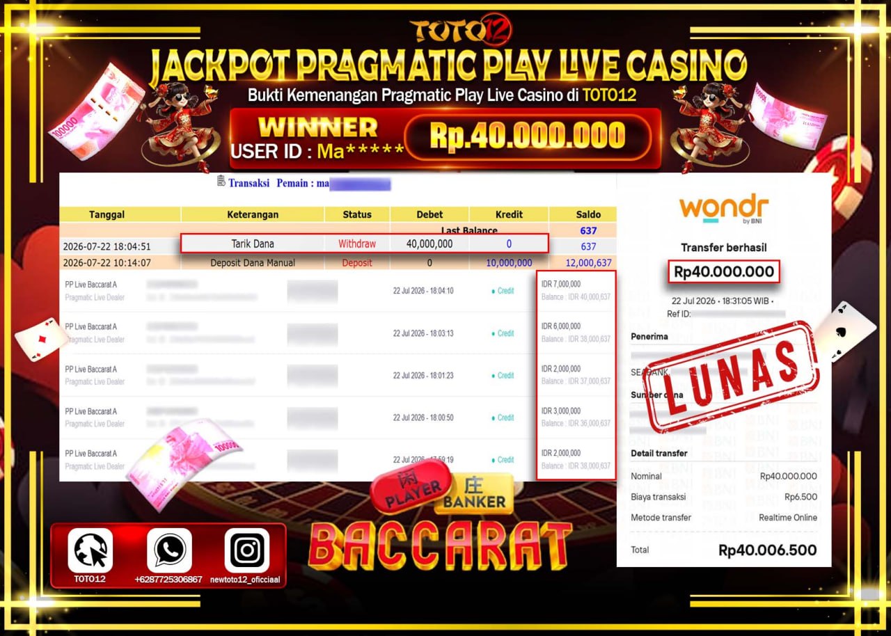 HANYA DI TOTO12 JP PASTI DI BAYAR LUNAS DAN CEPAT!!!!!! JACKPOT PRAGMATIC PLAY LIVE GAME CASINO (PP LIVE BACCARAT A) Rp40.000.000!!!!