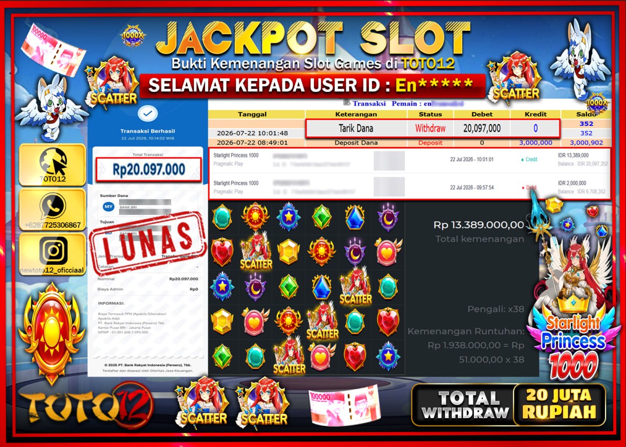 HANYA DI TOTO12 JP PASTI DI BAYAR LUNAS DAN CEPAT!!!!!! JACKPOT SLOT GAME (STARLIGHT PRINCESS 1000) Rp20.097.000!!!!