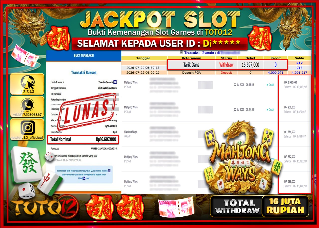 HANYA DI TOTO12 JP PASTI DI BAYAR LUNAS DAN CEPAT!!!!!! JACKPOT SLOT GAME (MAHJONG WAYS) Rp16.697.000!!!!