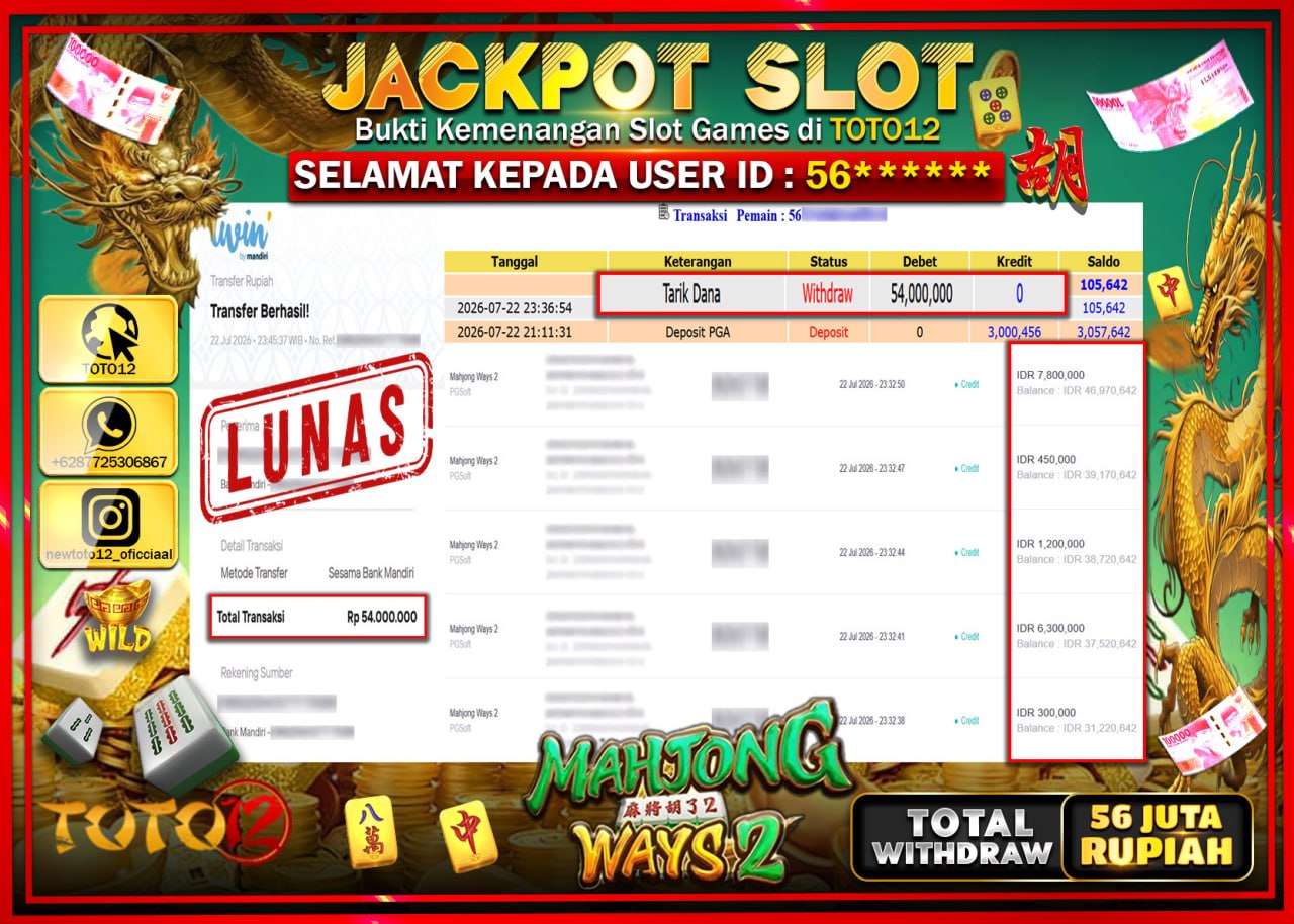 HANYA DI TOTO12 JP PASTI DI BAYAR LUNAS DAN CEPAT!!!!!! JACKPOT SLOT GAME (MAHJONG WAYS 2) Rp54.000.000!!!!