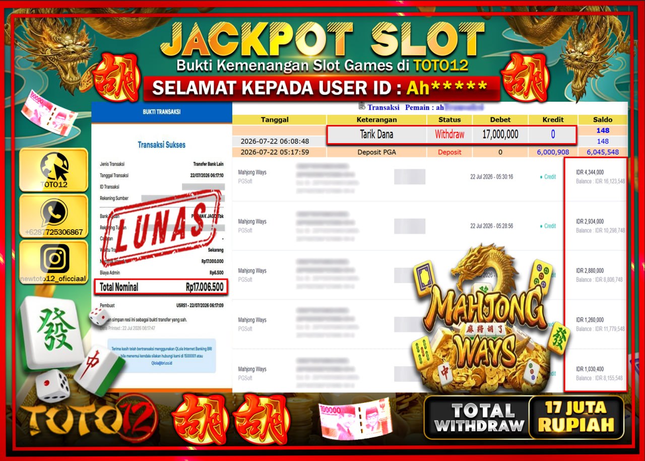 HANYA DI TOTO12 JP PASTI DI BAYAR LUNAS DAN CEPAT!!!!!! JACKPOT SLOT GAME (MAHJONG WAYS) Rp17.000.000!!!!