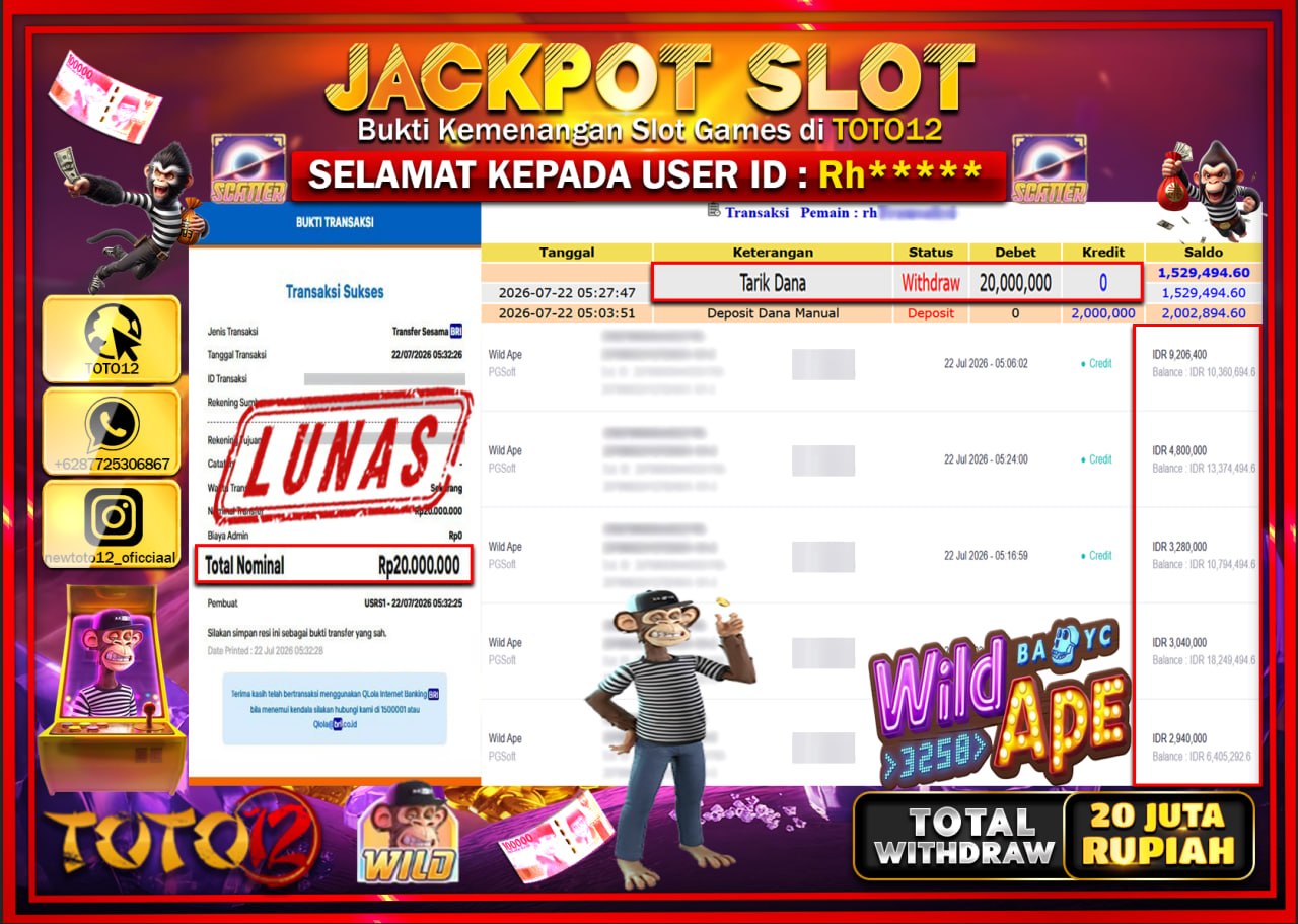 HANYA DI TOTO12 JP PASTI DI BAYAR LUNAS DAN CEPAT!!!!!! JACKPOT SLOT GAME (WILD APE) Rp20.000.000!!!!