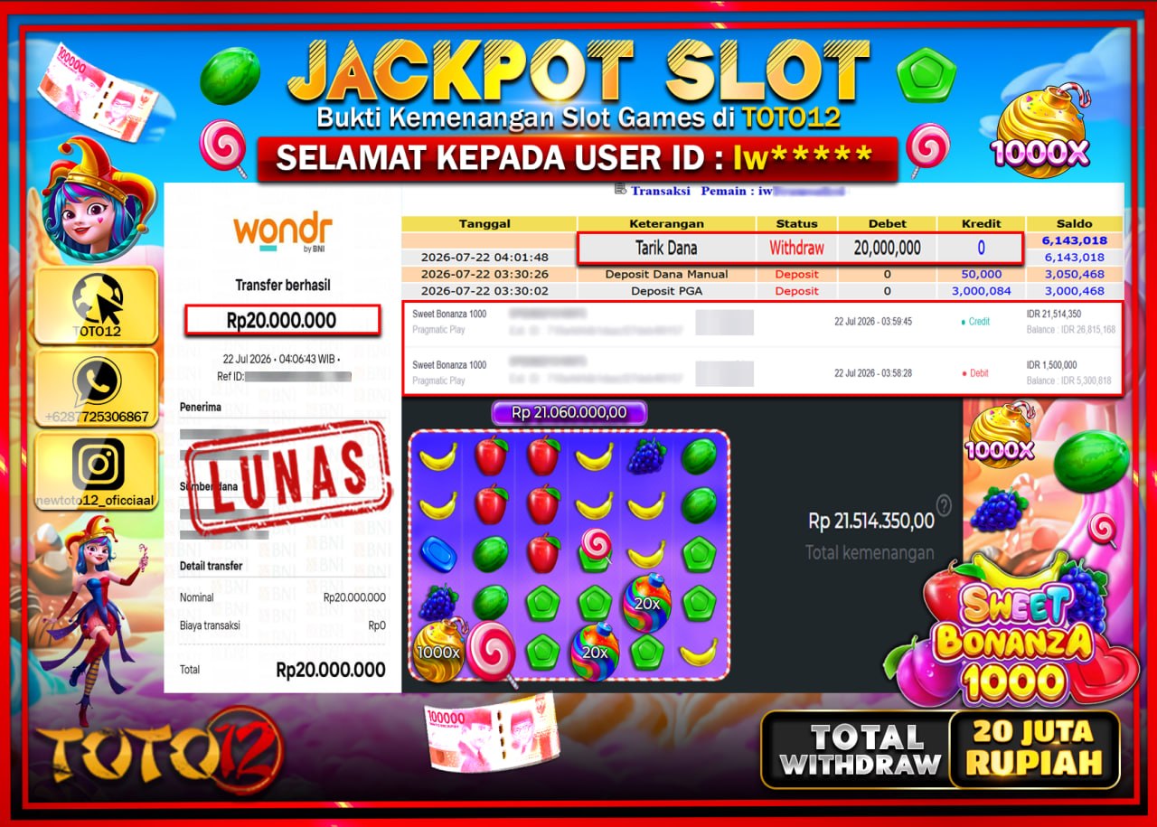 HANYA DI TOTO12 JP PASTI DI BAYAR LUNAS DAN CEPAT!!!!!! JACKPOT SLOT GAME (SWEET BONANZA 1000) Rp20.000.000!!!!