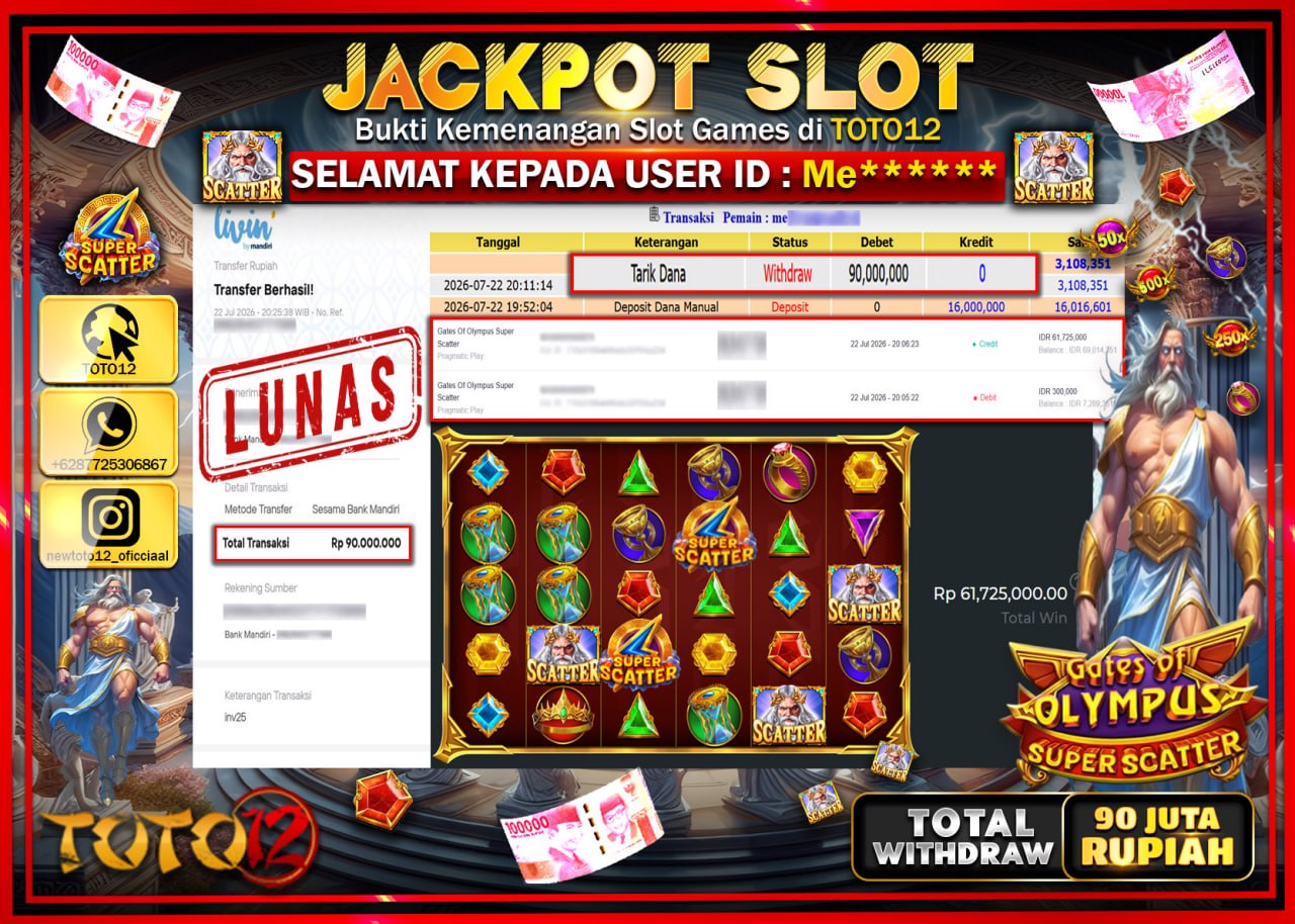 HANYA DI TOTO12 JP PASTI DI BAYAR LUNAS DAN CEPAT!!!!!! JACKPOT SLOT GAME (GATES OF OLYMPUS SUPER SCATTER) Rp90.000.000!!!!
