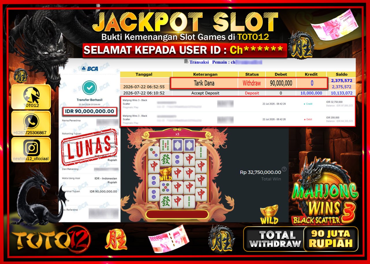 HANYA DI TOTO12 JP PASTI DI BAYAR LUNAS DAN CEPAT!!!!!! JACKPOT SLOT GAME (MAHJONG WINS 3 BLACK SCATTER) Rp90.000.000!!!!