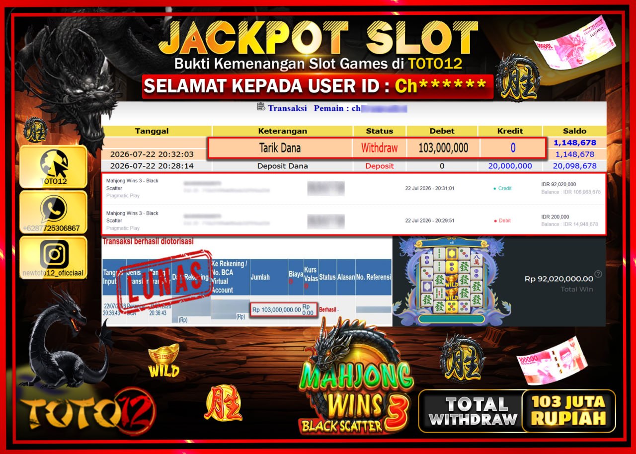 HANYA DI TOTO12 JP PASTI DI BAYAR LUNAS DAN CEPAT!!!!!! JACKPOT SLOT GAME (MAHJONG WINS 3 BLACK SCATTER) Rp103.000.000!!!!