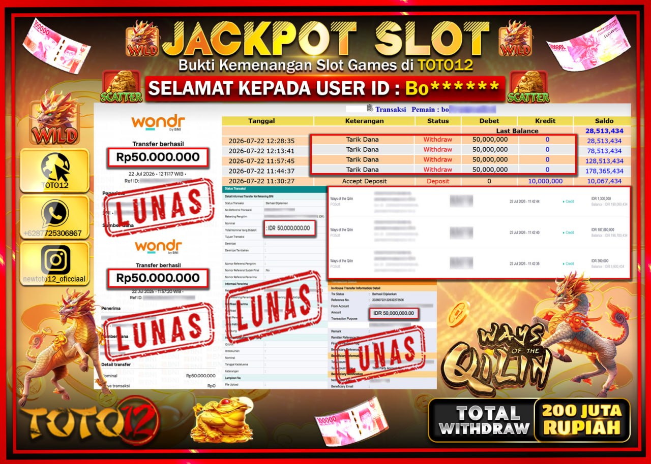 HANYA DI TOTO12 JP PASTI DI BAYAR LUNAS DAN CEPAT!!!!!! JACKPOT SLOT GAME (WAYS OF THE QILIN) Rp200.000.000!!!!