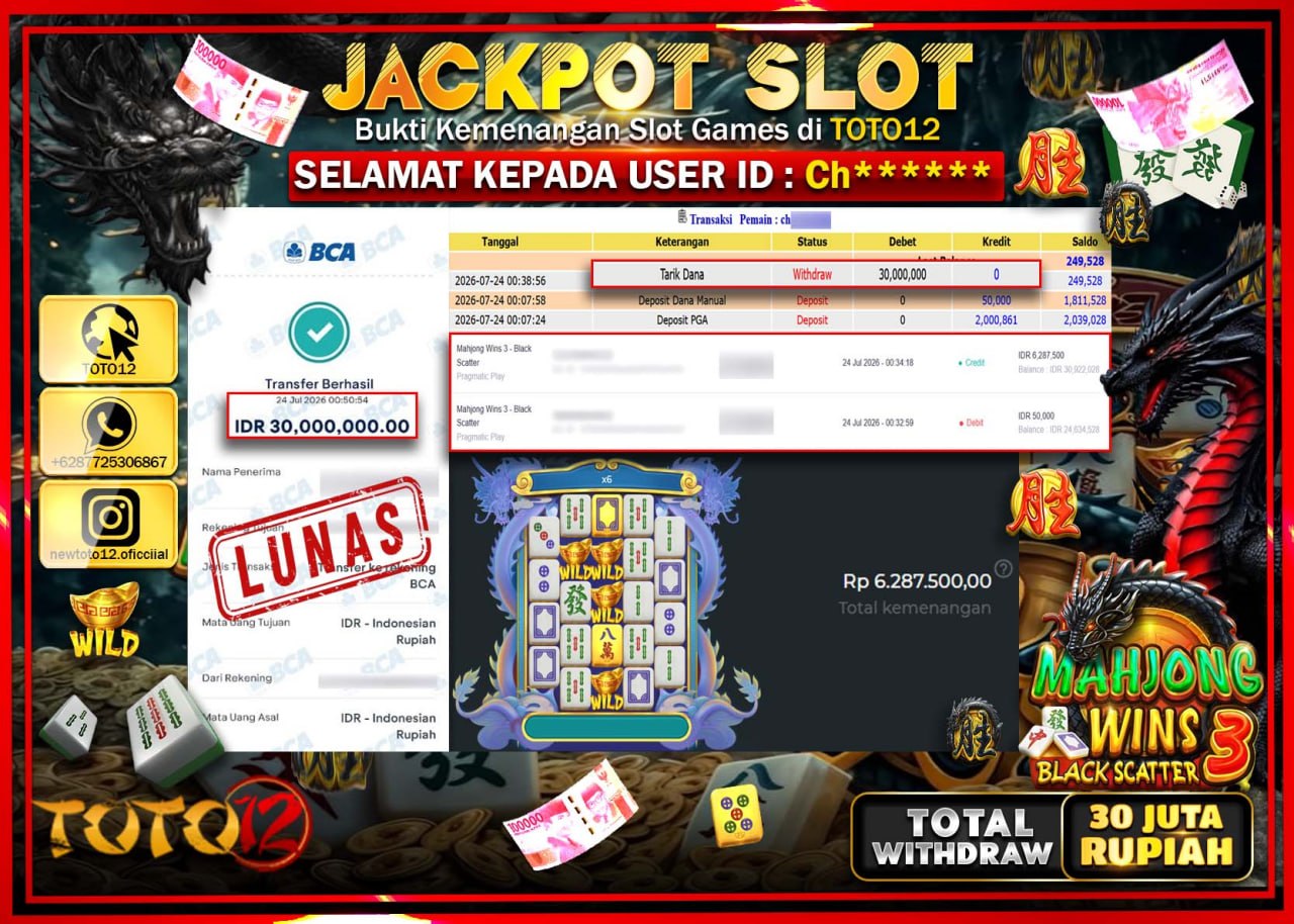 HANYA DI TOTO12 JP PASTI DI BAYAR LUNAS DAN CEPAT!!!!!! JACKPOT SLOT GAME (MAHJONG WINS 3 BLACK SCATTER) Rp30.000.000!!!!