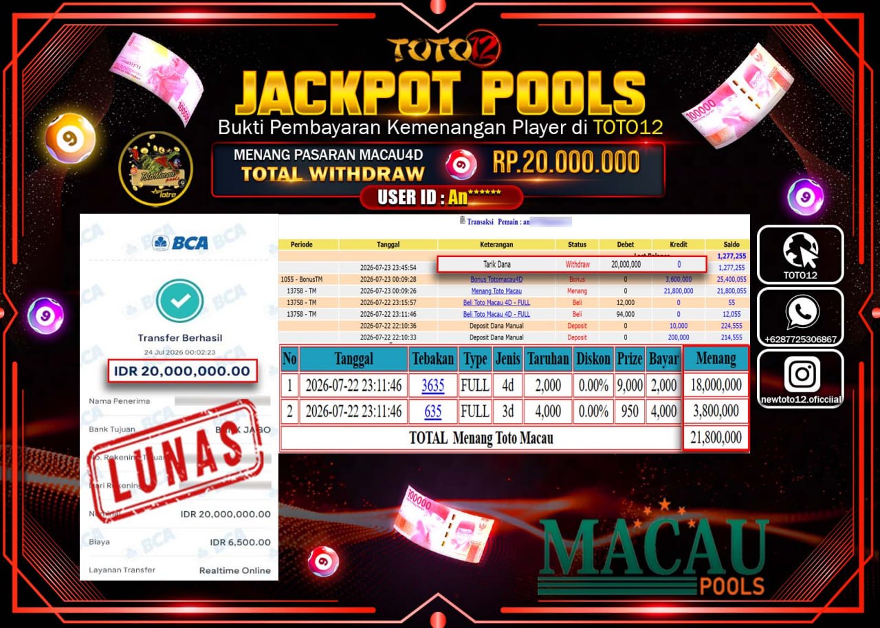 HANYA DI TOTO12 JP PASTI DI BAYAR LUNAS DAN CEPAT!!!!!! JACKPOT POOLS PASARAN (MACAU 4D) Rp20.000.000!!!!
