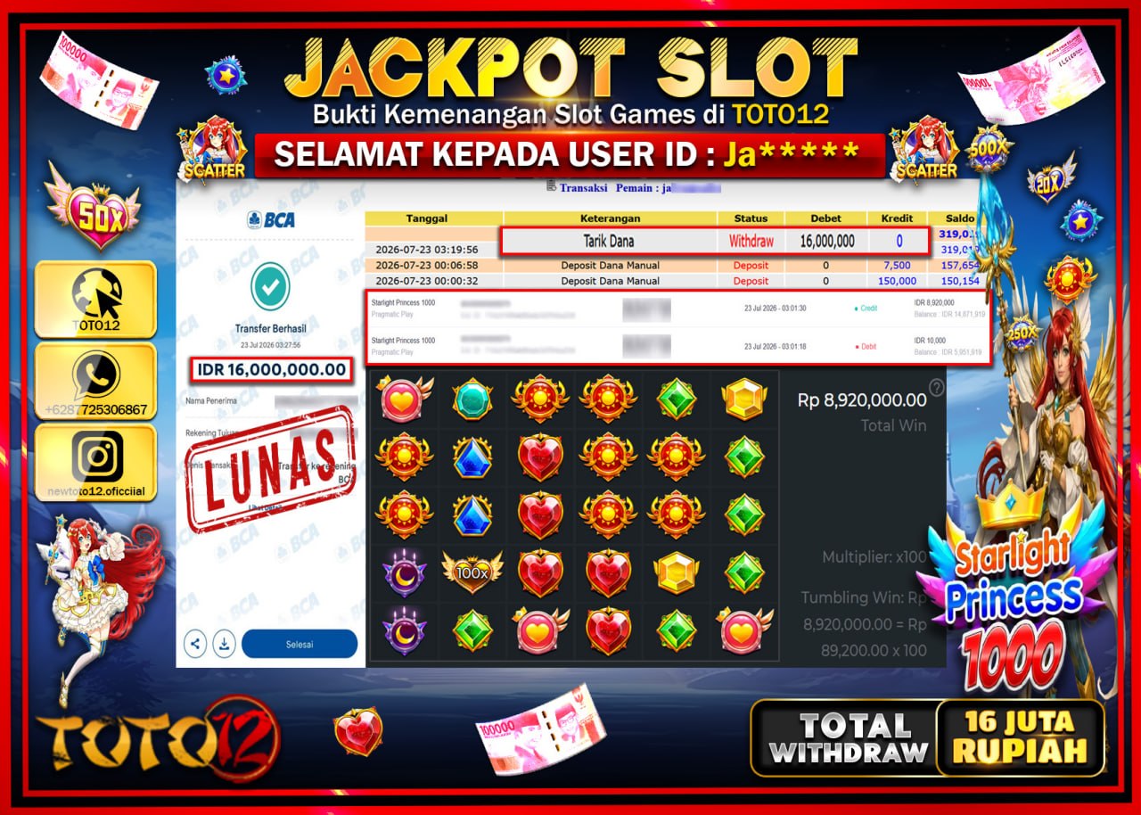 HANYA DI TOTO12 JP PASTI DI BAYAR LUNAS DAN CEPAT!!!!!! JACKPOT SLOT GAME (STARLIGHT PRINCESS 1000) Rp16.000.000!!!!