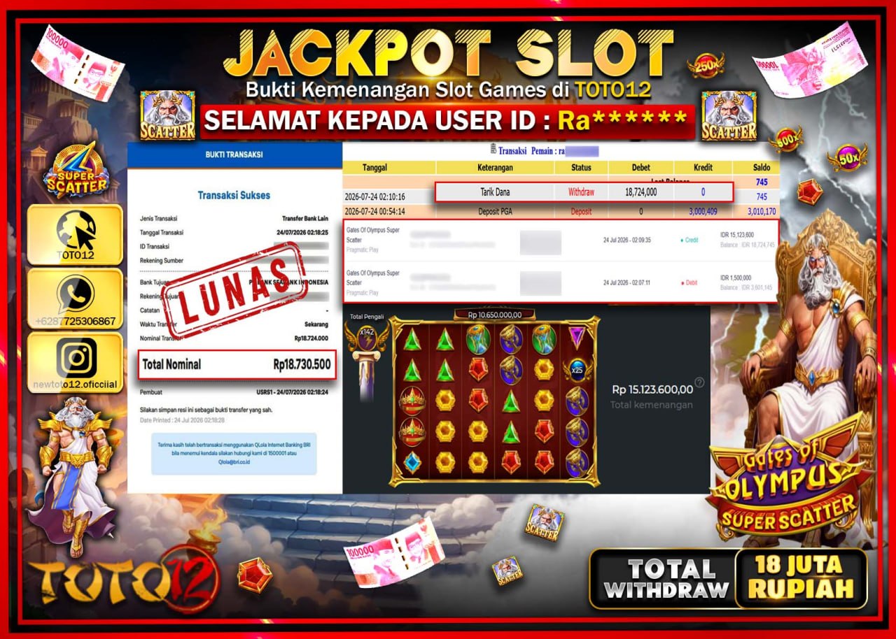 HANYA DI TOTO12 JP PASTI DI BAYAR LUNAS DAN CEPAT!!!!!! JACKPOT SLOT GAME (GATES OF OLYMPUS SUPER SCATTER) Rp18.724.000!!!!