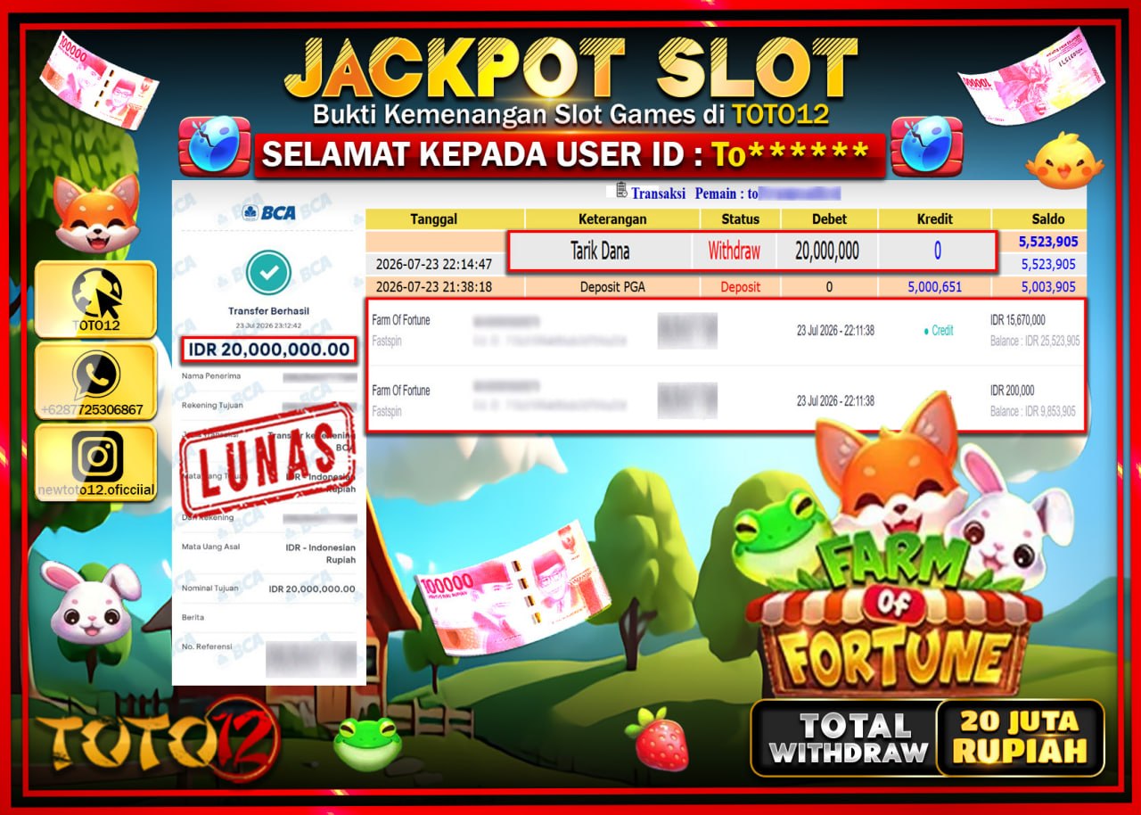 HANYA DI TOTO12 JP PASTI DI BAYAR LUNAS DAN CEPAT!!!!!! JACKPOT SLOT GAME (FARM OF FORTUNE) Rp20.000.000!!!!