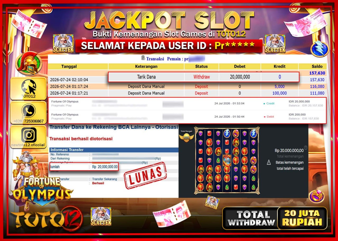 HANYA DI TOTO12 JP PASTI DI BAYAR LUNAS DAN CEPAT!!!!!! JACKPOT SLOT GAME (FORTUNE OF OLYMPUS) Rp20.000.000!!!!