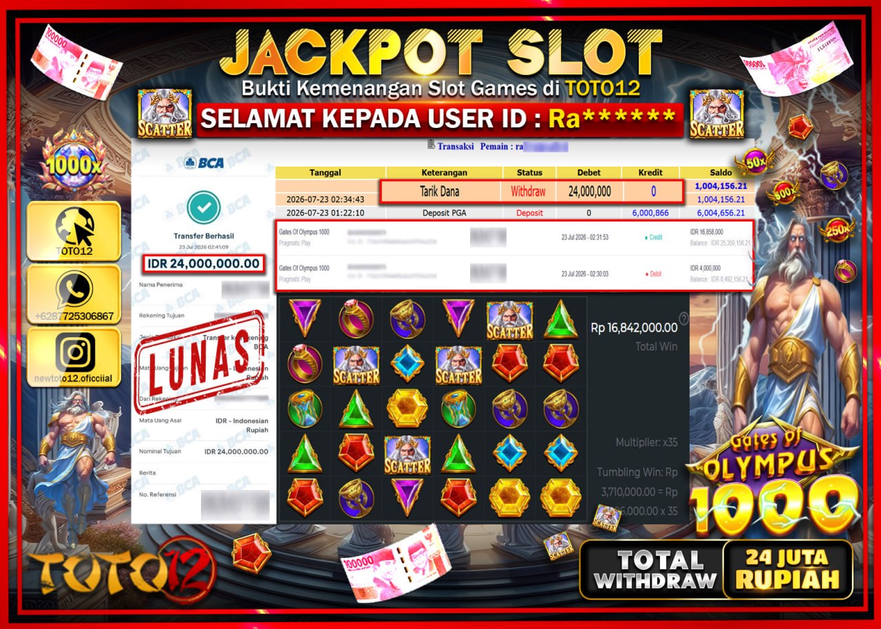 HANYA DI TOTO12 JP PASTI DI BAYAR LUNAS DAN CEPAT!!!!!! JACKPOT SLOT GAME (GATES OF OLYMPUS 1000) Rp24.000.000!!!!