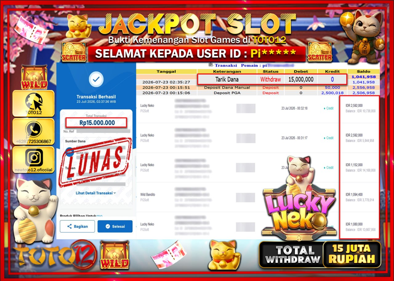 HANYA DI TOTO12 JP PASTI DI BAYAR LUNAS DAN CEPAT!!!!!! JACKPOT SLOT GAME (LUCKY NEKO) Rp15.000.000!!!!