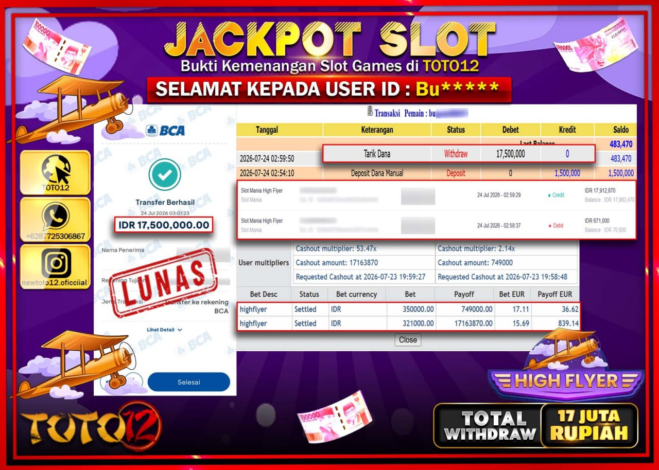 HANYA DI TOTO12 JP PASTI DI BAYAR LUNAS DAN CEPAT!!!!!! JACKPOT SLOT GAME (SLOT MANIA HIGH FLAYER) Rp17.500.000!!!!