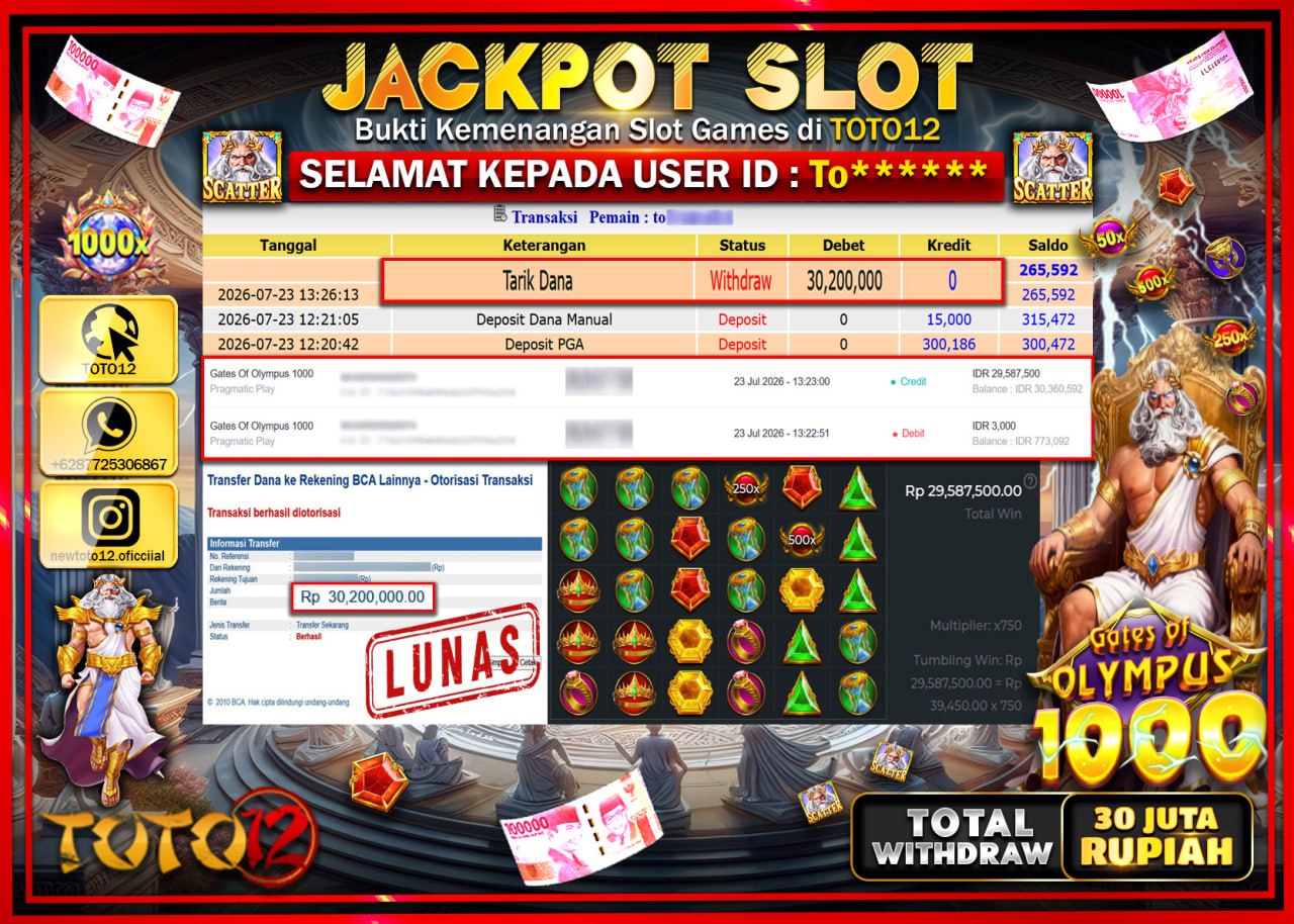HANYA DI TOTO12 JP PASTI DI BAYAR LUNAS DAN CEPAT!!!!!! JACKPOT SLOT GAME (GATES OF OLYMPUS 1000) Rp30.200.000!!!!