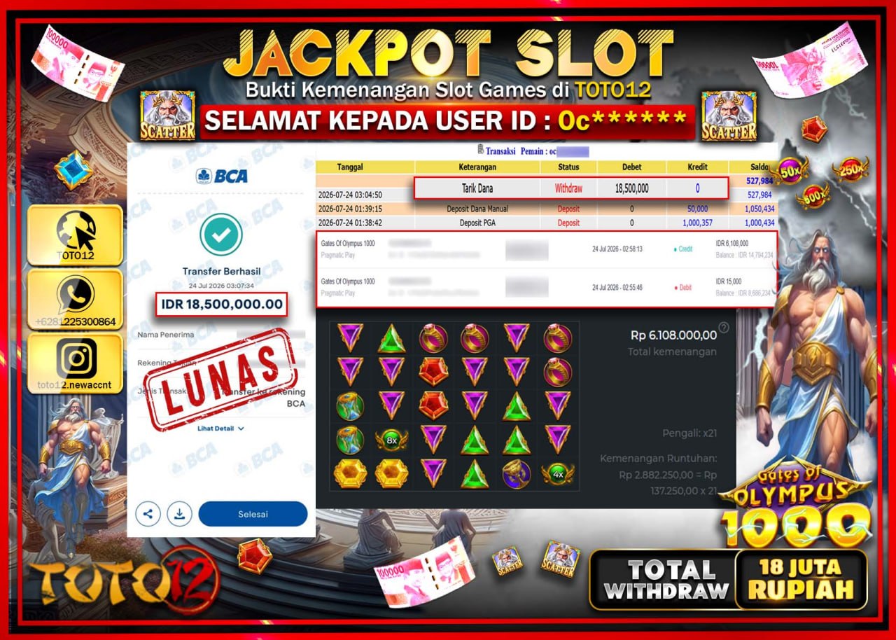 HANYA DI TOTO12 JP PASTI DI BAYAR LUNAS DAN CEPAT!!!!!! JACKPOT SLOT GAME (GATES OF OLYMPUS 1000) Rp18.500.000!!!!