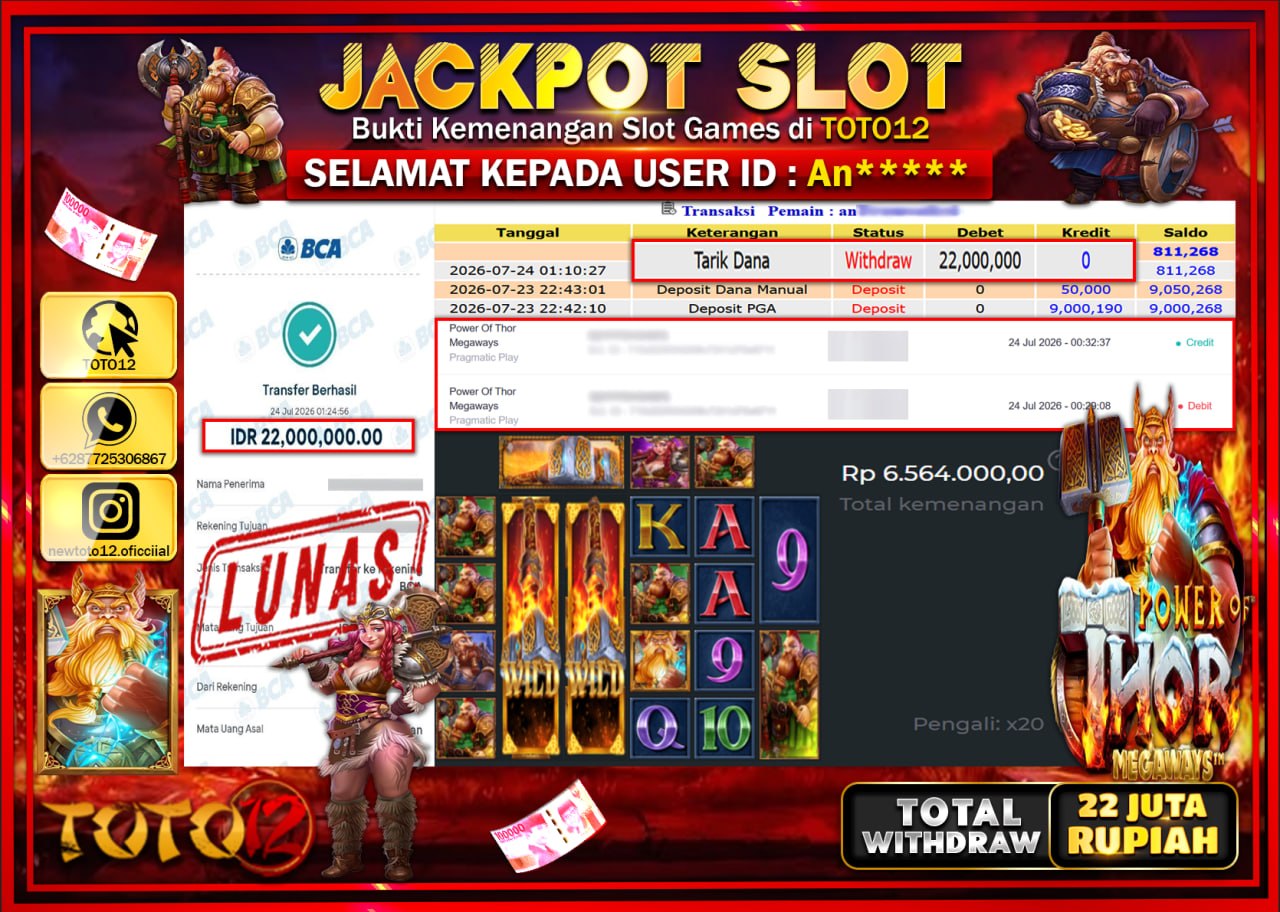 HANYA DI TOTO12 JP PASTI DI BAYAR LUNAS DAN CEPAT!!!!!! JACKPOT SLOT GAME (POWER OF THOR MEGAWAYS) Rp22.000.000!!!!