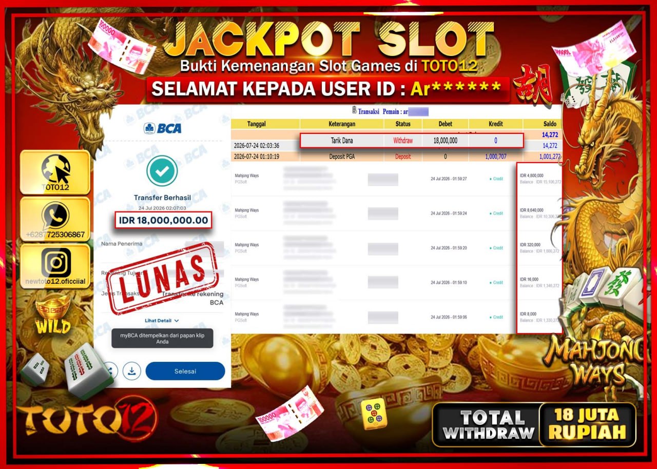 HANYA DI TOTO12 JP PASTI DI BAYAR LUNAS DAN CEPAT!!!!!! JACKPOT SLOT GAME (MAHJONG WAYS) Rp18.000.000!!!!