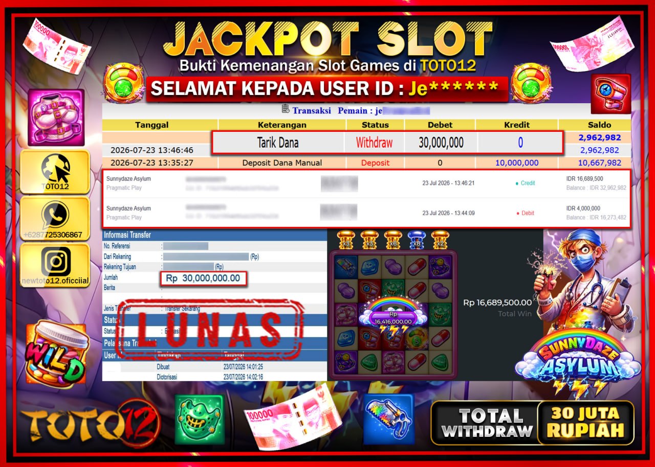 HANYA DI TOTO12 JP PASTI DI BAYAR LUNAS DAN CEPAT!!!!!! JACKPOT SLOT GAME (SUNNYDAZE ASYLUM) Rp30.000.000!!!!