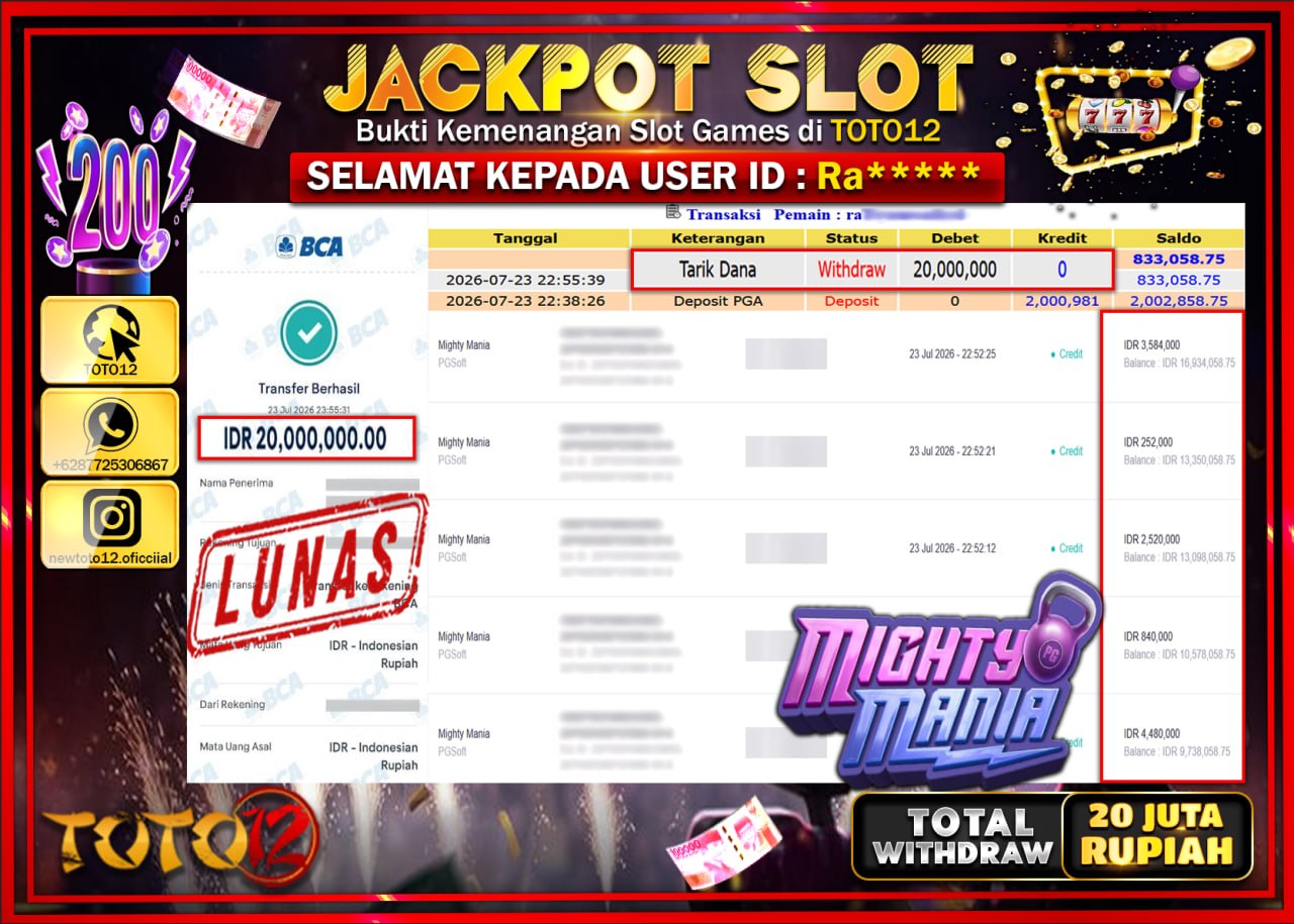 HANYA DI TOTO12 JP PASTI DI BAYAR LUNAS DAN CEPAT!!!!!! JACKPOT SLOT GAME (MIGHTY MANIA) Rp20.000.000!!!!
