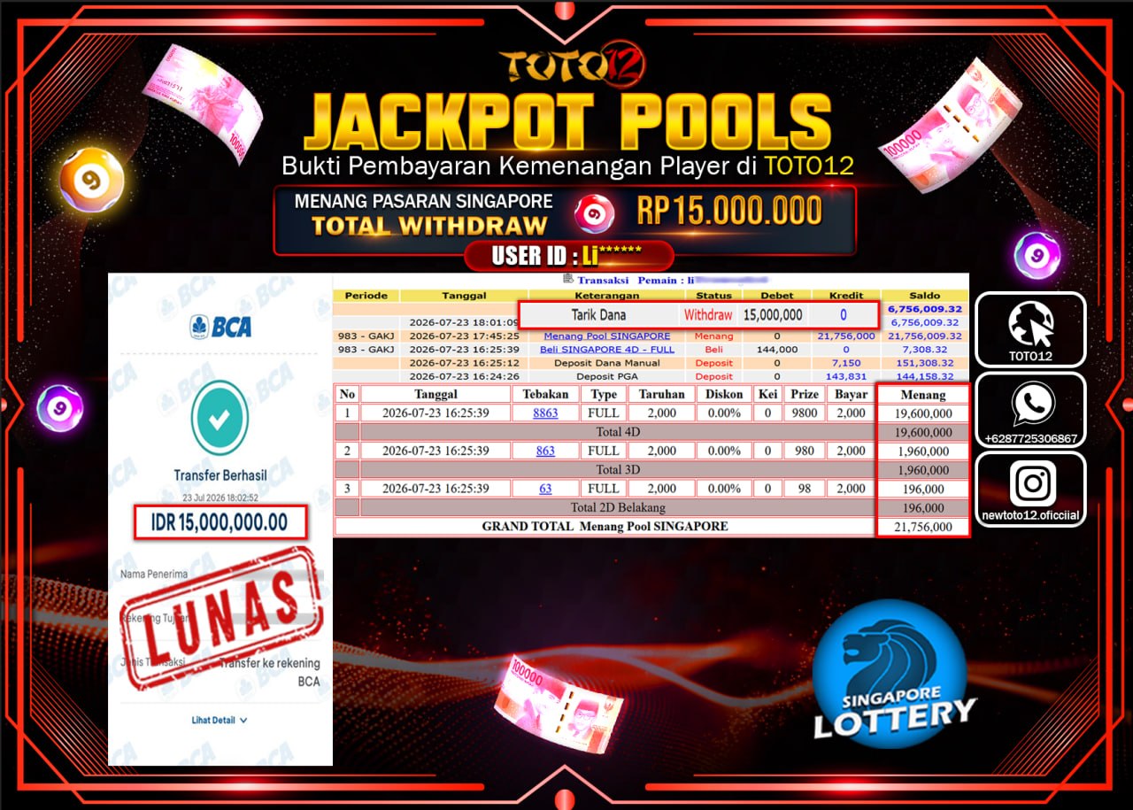 HANYA DI TOTO12 JP PASTI DI BAYAR LUNAS DAN CEPAT!!!!!! JACKPOT POOLS PASARAN (SINGAPORE) Rp15.000.000!!!!