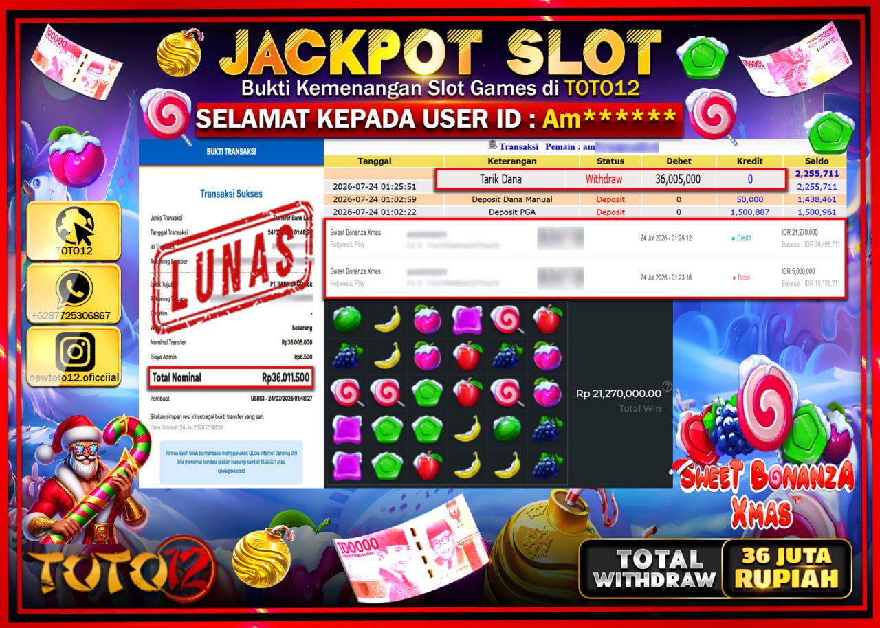 HANYA DI TOTO12 JP PASTI DI BAYAR LUNAS DAN CEPAT!!!!!! JACKPOT SLOT GAME (SWEET BONANZA XMAS) Rp36.005.000!!!!