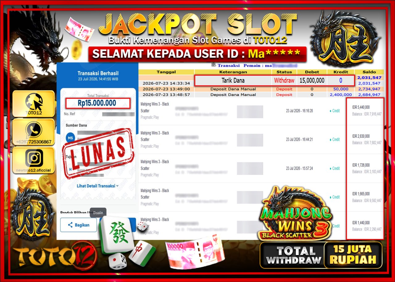 HANYA DI TOTO12 JP PASTI DI BAYAR LUNAS DAN CEPAT!!!!!! JACKPOT SLOT GAME (MAHJONG WINS 3 BLACK SCATTER) Rp15.000.000!!!!