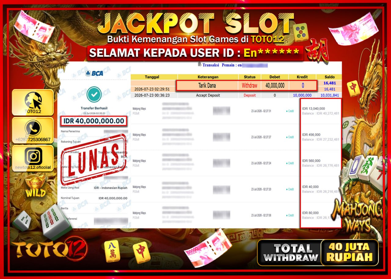 HANYA DI TOTO12 JP PASTI DI BAYAR LUNAS DAN CEPAT!!!!!! JACKPOT SLOT GAME (MAHJONG WAYS) Rp40.000.000!!!!