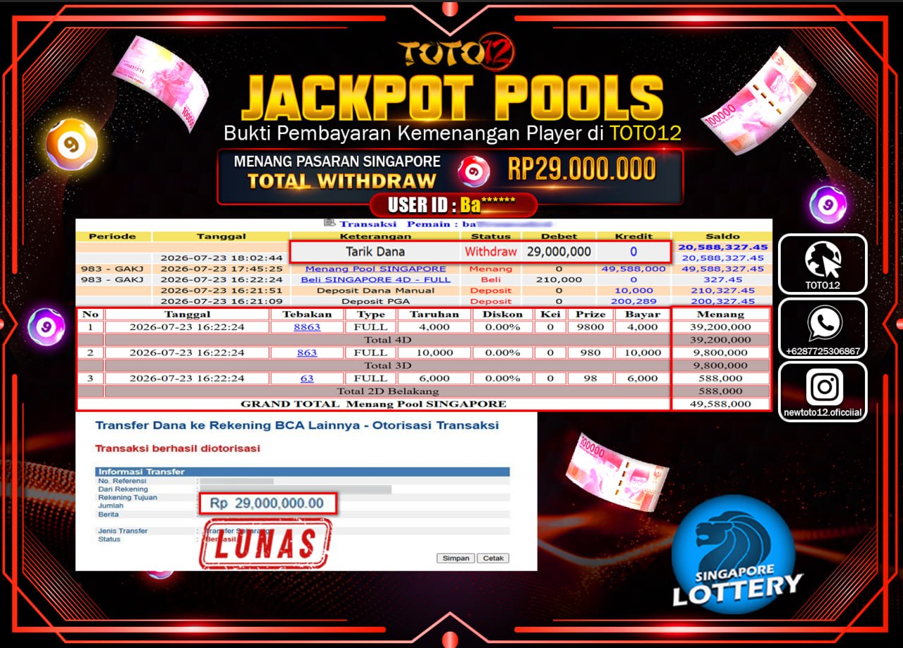 HANYA DI TOTO12 JP PASTI DI BAYAR LUNAS DAN CEPAT!!!!!! JACKPOT POOLS PASARAN (SINGAPORE) Rp29.000.000!!!!