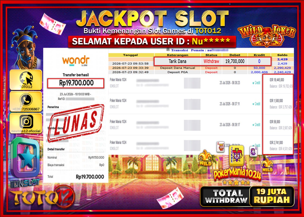 HANYA DI TOTO12 JP PASTI DI BAYAR LUNAS DAN CEPAT!!!!!! JACKPOT SLOT GAME (POKER MANIA 1024) Rp19.700.000!!!!