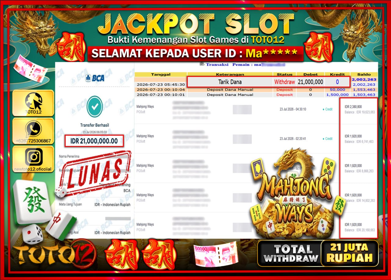 HANYA DI TOTO12 JP PASTI DI BAYAR LUNAS DAN CEPAT!!!!!! JACKPOT SLOT GAME (MAHJONG WAYS) Rp21.000.000!!!!