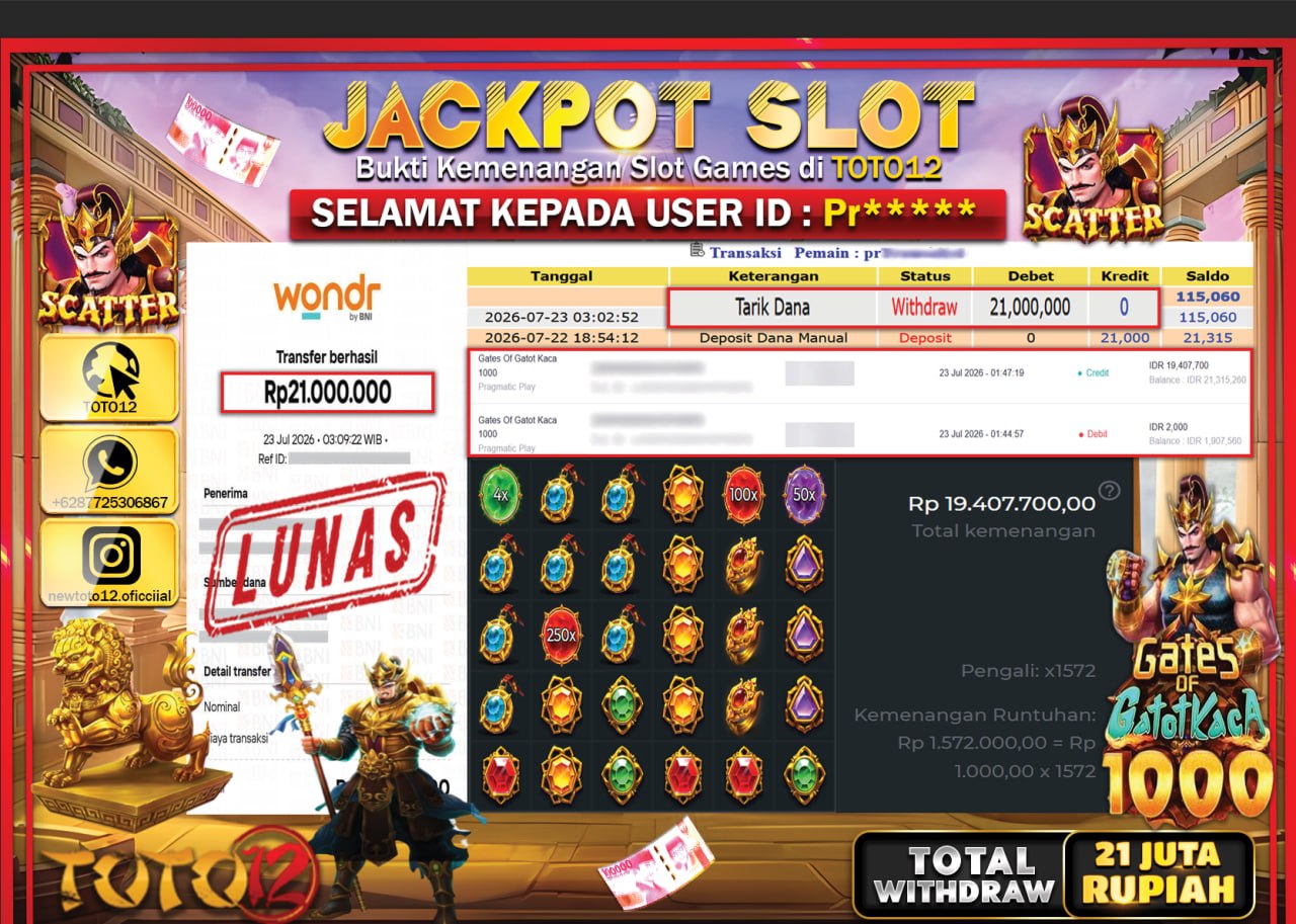 HANYA DI TOTO12 JP PASTI DI BAYAR LUNAS DAN CEPAT!!!!!! JACKPOT SLOT GAME (GATES OF GATOTKACA 1000) Rp21.000.000!!!!
