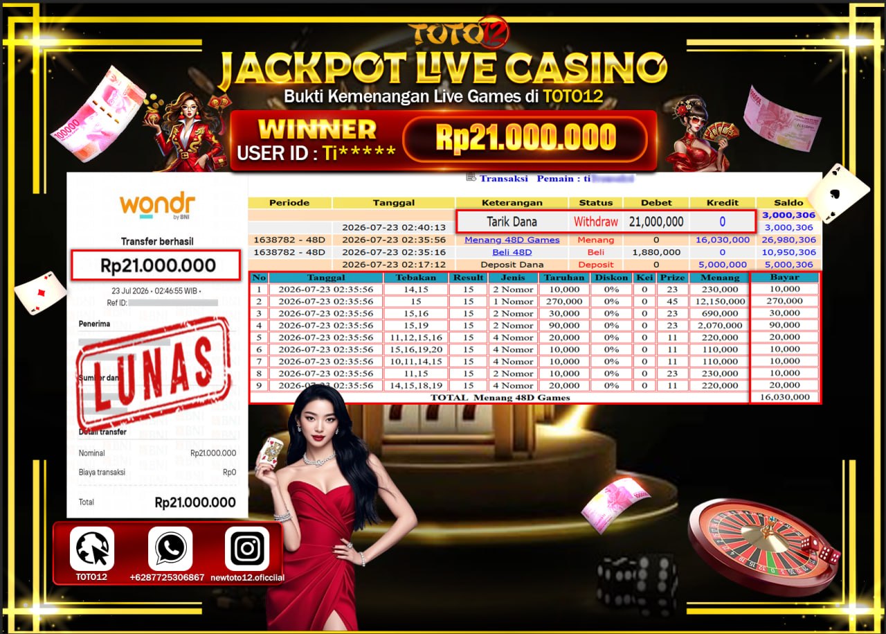 HANYA DI TOTO12 JP PASTI DI BAYAR LUNAS DAN CEPAT!!!!!! JACKPOT  LIVE GAME CASINO (48D) Rp21.000.000!!!!