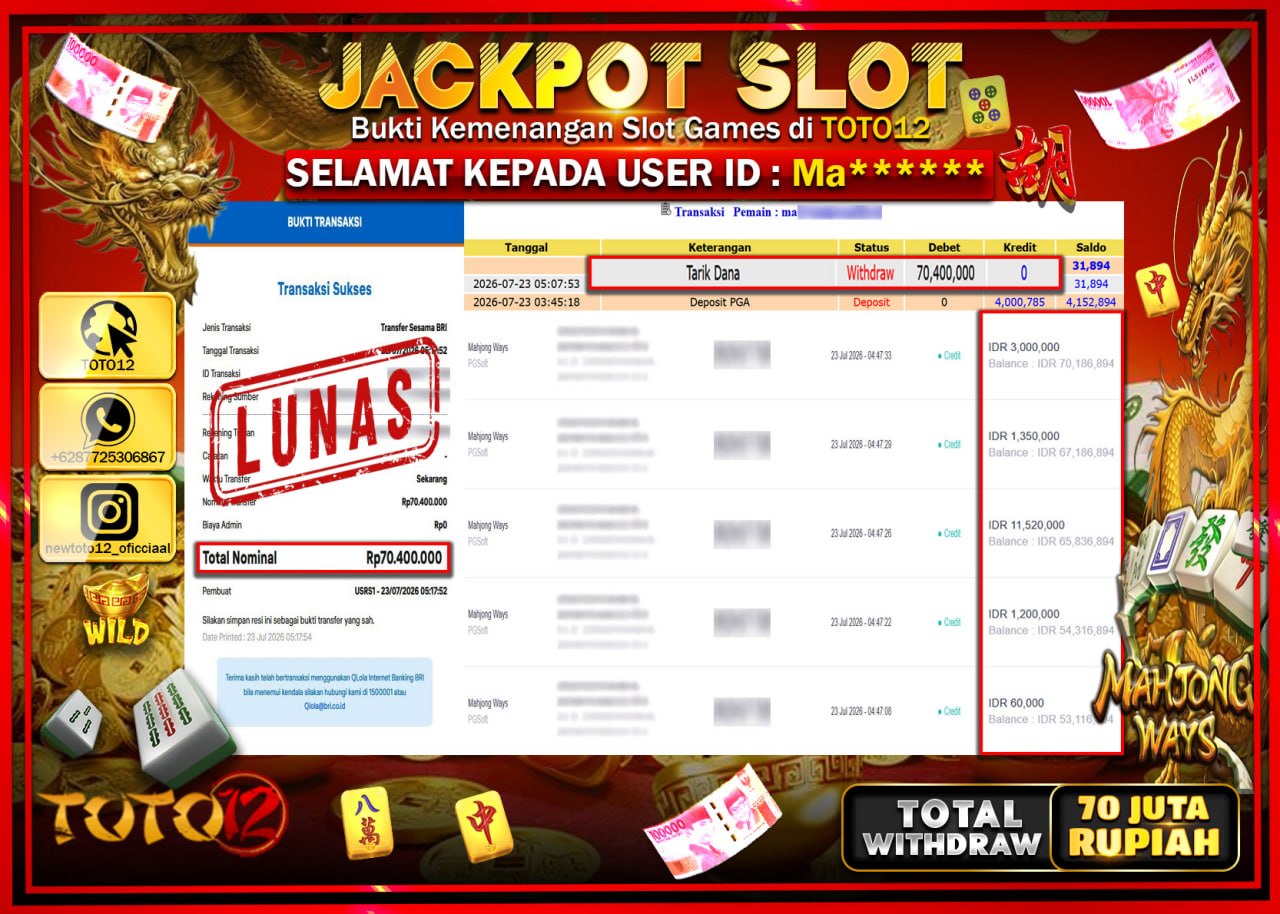 HANYA DI TOTO12 JP PASTI DI BAYAR LUNAS DAN CEPAT!!!!!! JACKPOT SLOT GAME (MAHJONG WAYS) Rp70.400.000!!!!