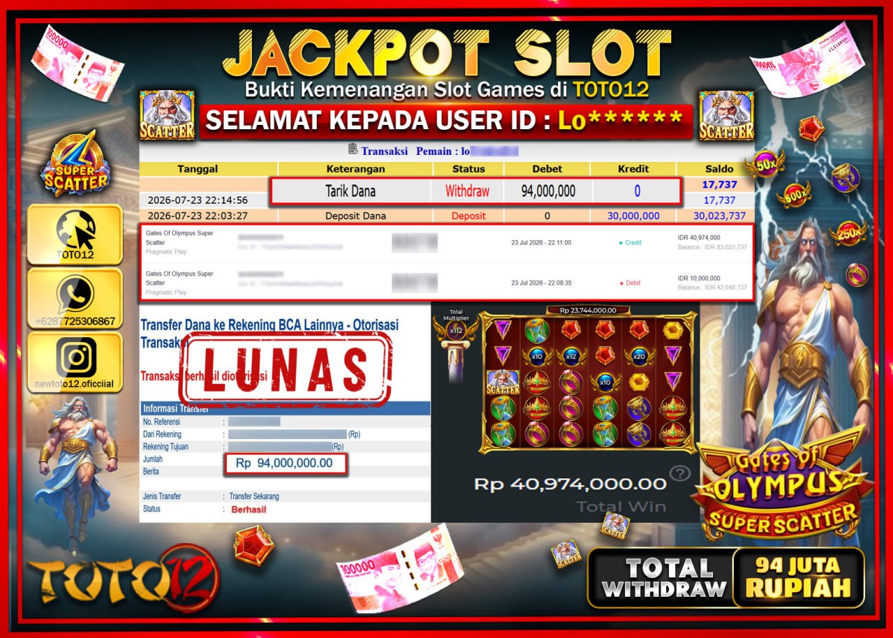 HANYA DI TOTO12 JP PASTI DI BAYAR LUNAS DAN CEPAT!!!!!! JACKPOT SLOT GAME (GATES OF OLYMPUS SUPER SCATTER) Rp94.000.000!!!!